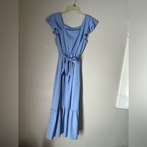 Blue ruffle shoulder flowy women’s maxi dress with waist belt